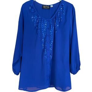 Bob Mackie Size Medium Blue Scoopneck Sequin Feather Button Front Crinkle Blouse
